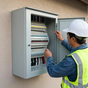 Licensed electrician inspecting electrical panel before upgrade Las Vegas