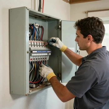 Licensed electrician replacing outdated cloth-insulated wiring and a dangerous electrical panel in a vintage Paradise Palms residence.
